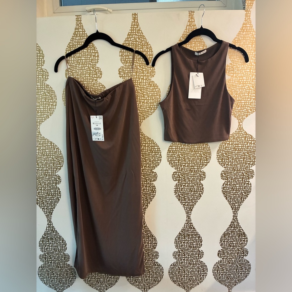 NWT Zara Crop Top and Midi Skirt Set - Brown - Small Medium